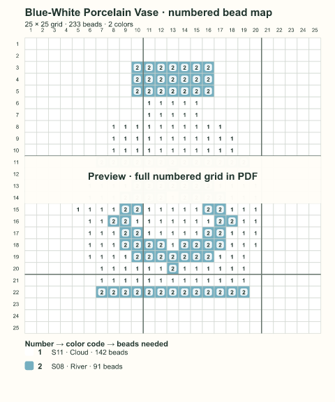 Numbered bead-map sample for Blue-White Porcelain Vase