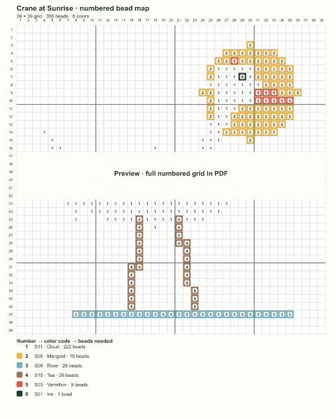 Numbered bead-map sample for Crane at Sunrise
