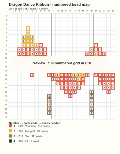 Numbered bead-map sample for Dragon Dance Ribbon