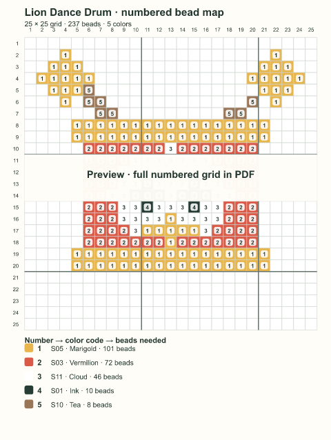 Numbered bead-map sample for Lion Dance Drum