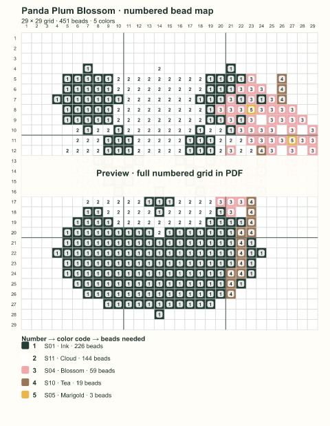 Numbered bead-map sample for Panda Plum Blossom