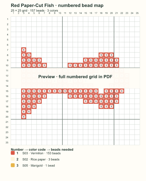 Numbered bead-map sample for Red Paper-Cut Fish