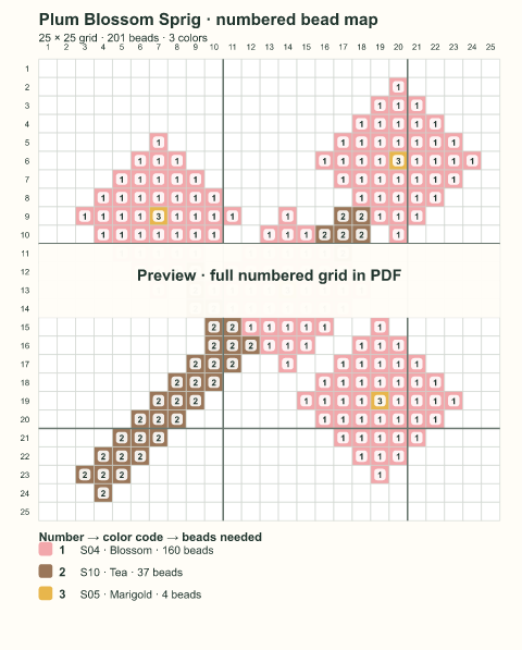 Numbered bead-map sample for Plum Blossom Sprig