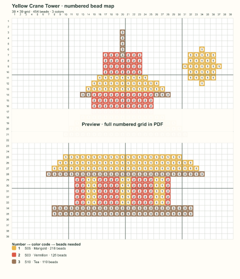 Numbered bead-map sample for Yellow Crane Tower